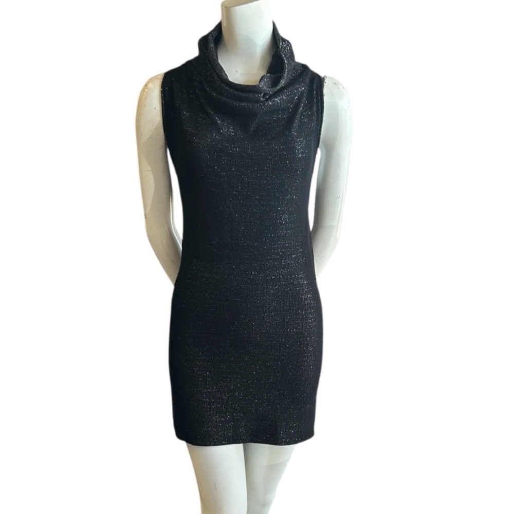 Sarah Pacini Shimmering Black Cowl‎ Neck Dress metallic one size black silver